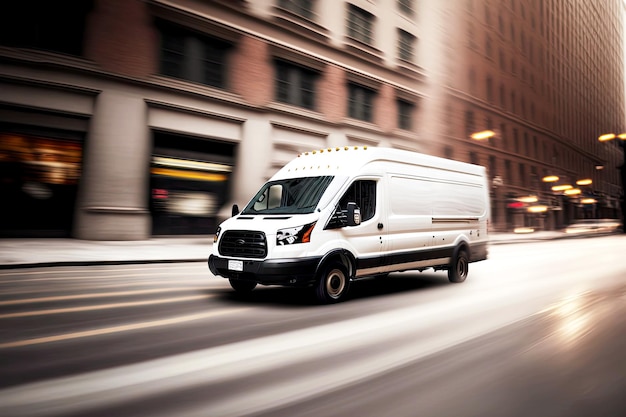 Photo white cargo van drives fast down city street for urgent delivery of goods