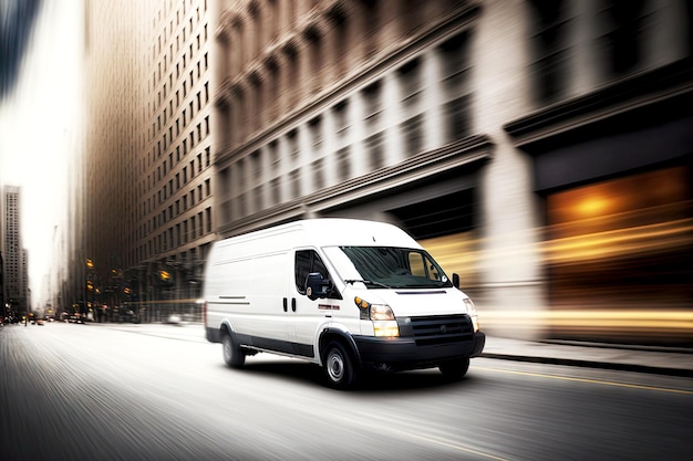 Photo white cargo van drives fast down city street for urgent delivery of goods