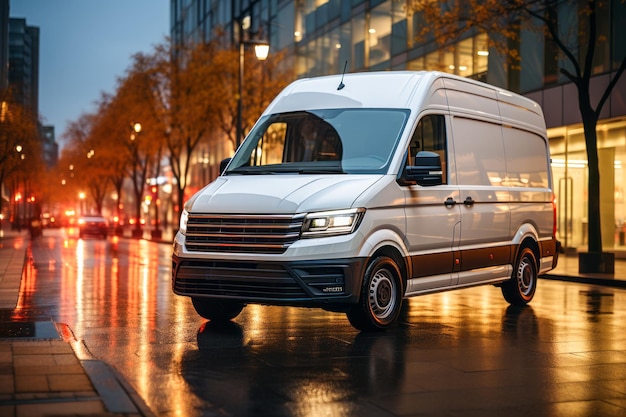 A white cargo van stands on a city street during the evening