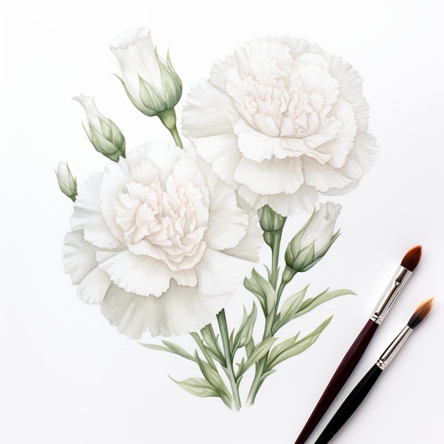Photo white carnation watercolor painting on white background for card