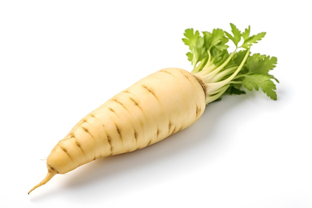 A white carrot with green leaves