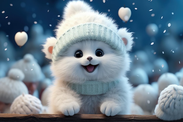 White cartoon bear with cuddly demeanor wears cozy scarf and mittens exuding warmth playful and adorable bear embodies charm of winter with touch of festive magic heartwarming in snowy wonderland
