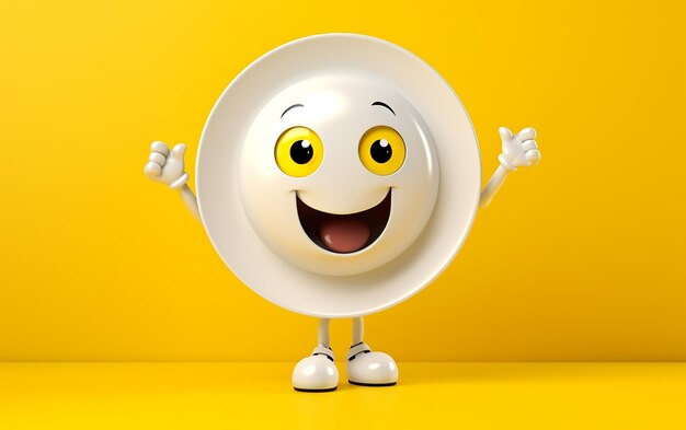 White cartoon character smiling and waving on yellow background