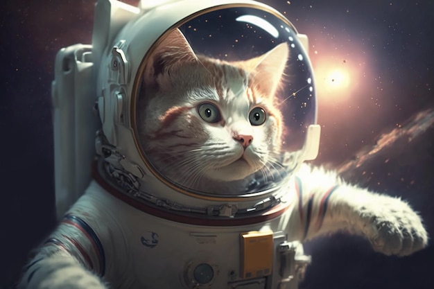 White cat astronaut in a spacesuit in outer space