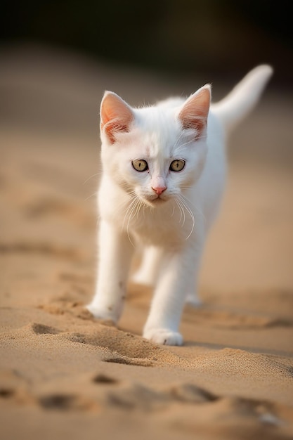 A white cat on the beach