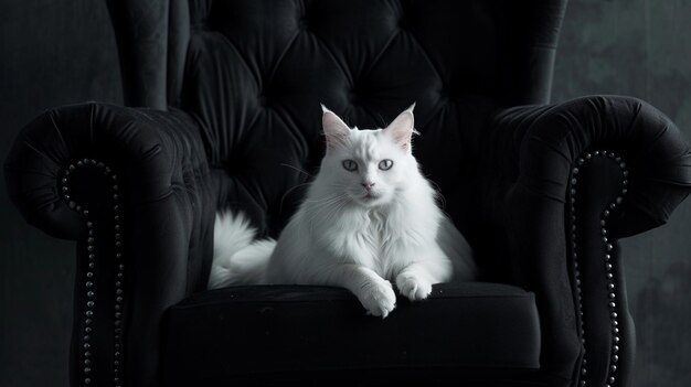 A white cat on a black armchair