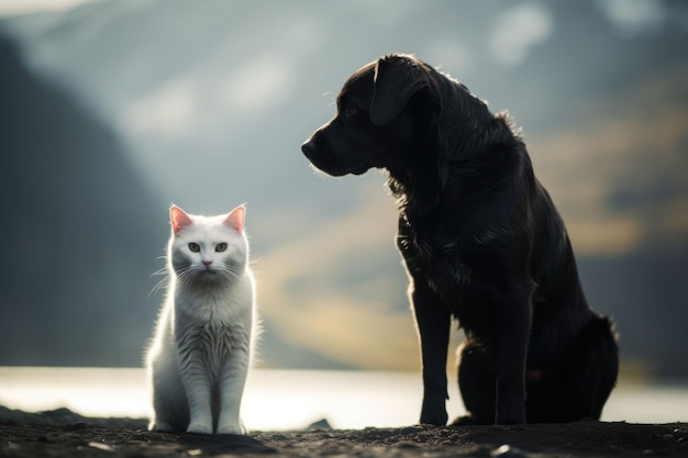 White cat and black dog together Best friends AI generated illustration