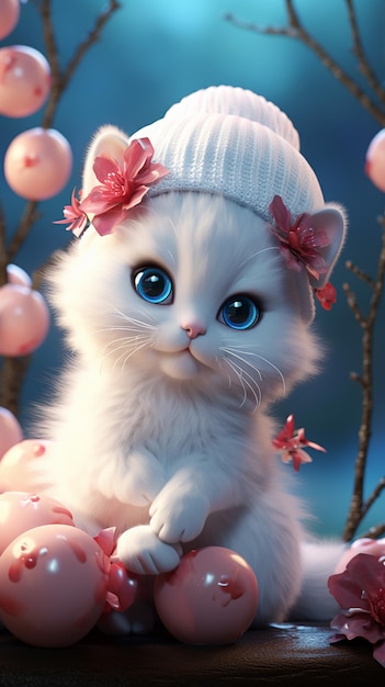 Фото Белая кошечка милая плюшевая шляпа в розовом и синем