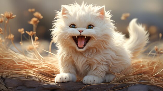 White Cat on Dry Grass