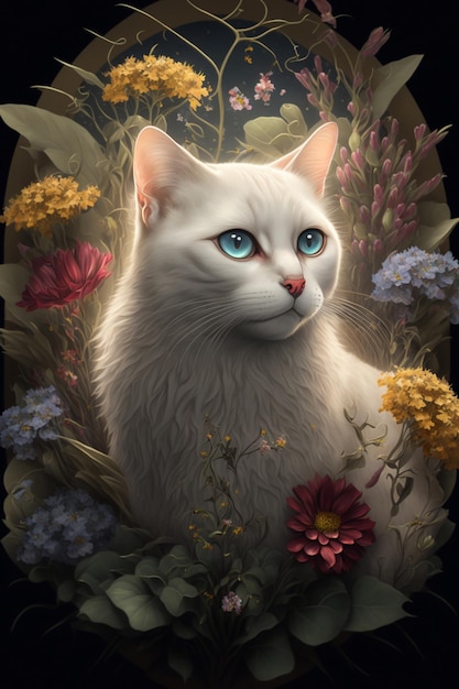 white cat in a forest of flowers