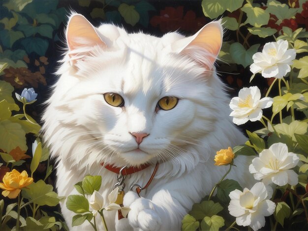 Белый кот в саду