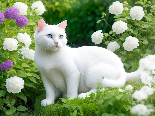 White cat in the garden