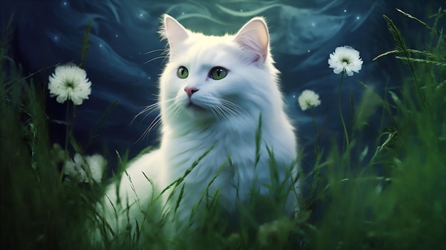 white cat on the grass illustration create using generative AI tools