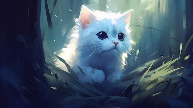 A white cat in the grass