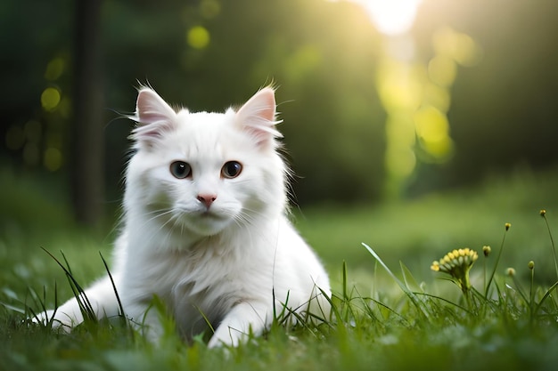 A white cat in the grass