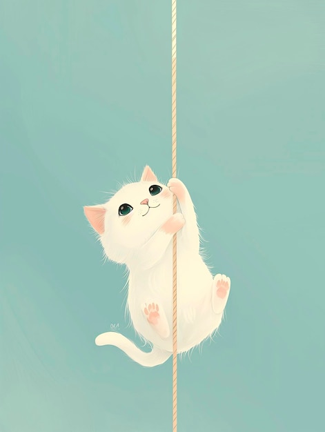 Photo white cat hanging on a rope with its paws