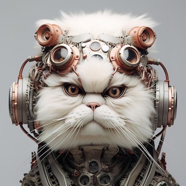 A white cat head that is a futuristic machine of the future world Pet Animals Illustration Generative AI