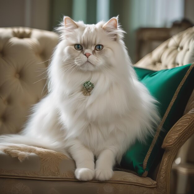 A white cat on his couch