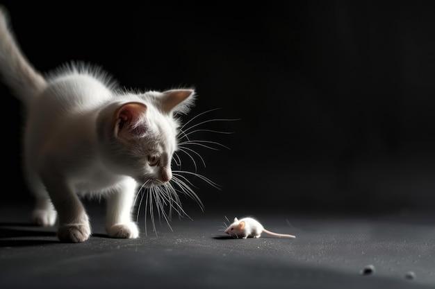 White cat hunt for mice on a black background