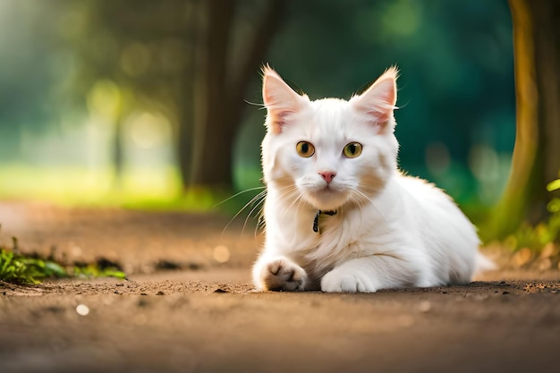 Белый кот лежит на земле на солнце