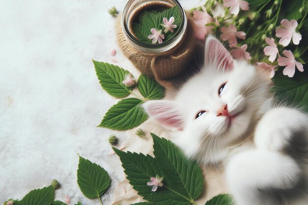 Photo white cat is laying on a leafy green plant