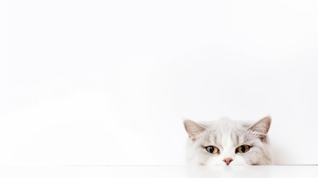 A white cat is looking over a table.