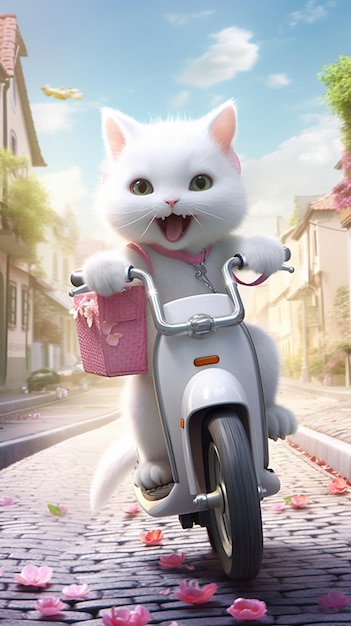 A white cat is riding a scooter with a pink bow.