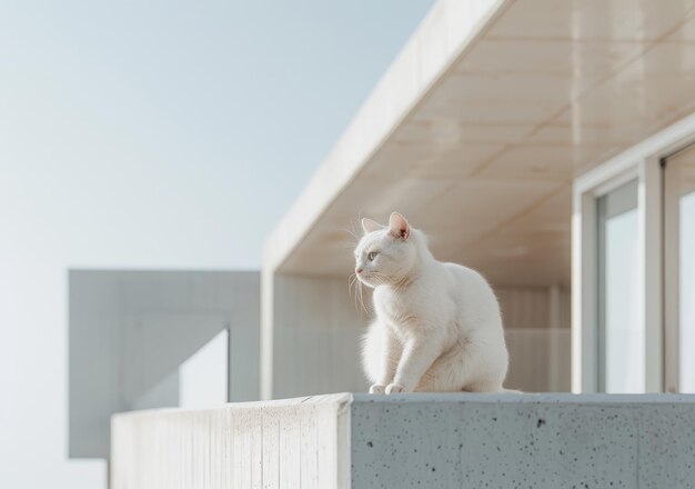 하 고양이 가 현대 건물 앞 에 있는 콘크리트 레일 에 앉아 있다