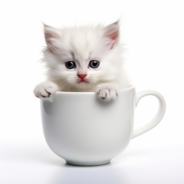 A white cat is sitting in a cup with its eyes open.