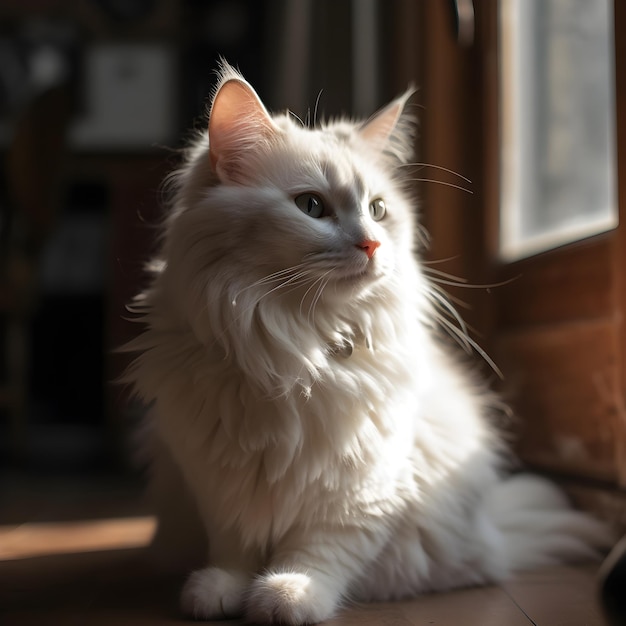 A white cat is sitting in front of a door and looking out the window.