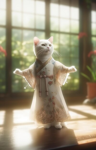 A white cat in a japanese kimono stands in front of a window.