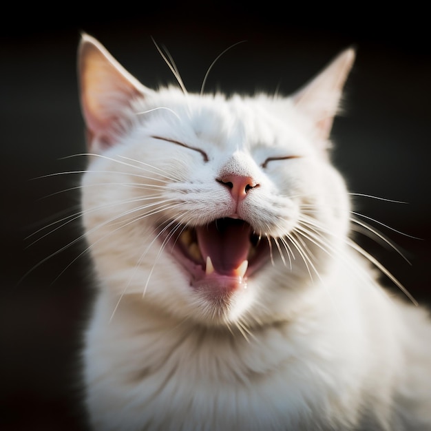 White cat laughs smiles rejoices closeup portrait funny photos with pets
