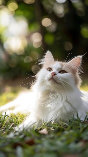 白い猫が草の上に横たわって上を見上げている