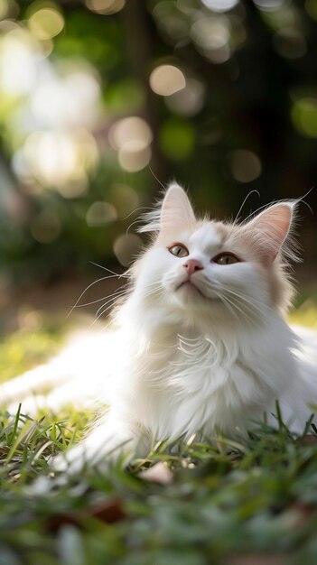 White cat laying in the grass looking up