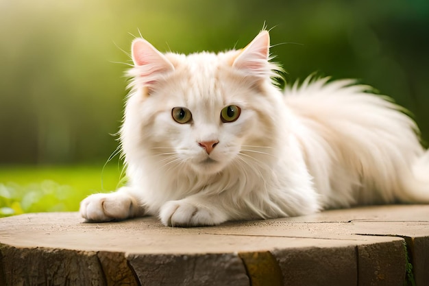 A white cat laying on a wooden table