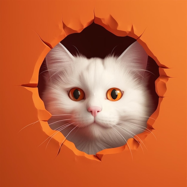 A white cat looks through a hole in an orange background.