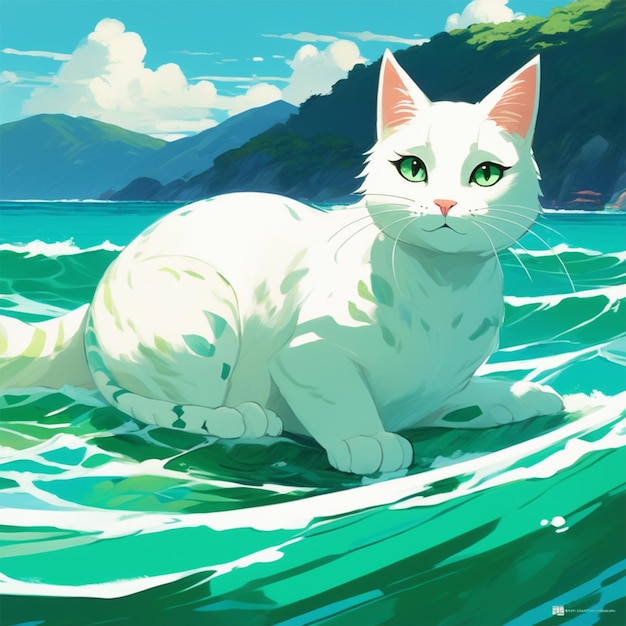 White Cat Mermaid With Green Scales On Her Tail In The Sea Acrylic Painting Trending On Pixiv Fanb