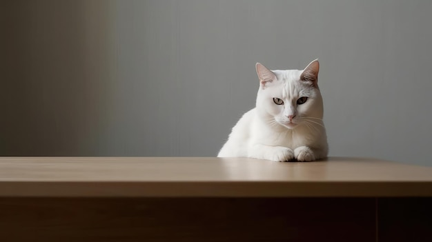 White cat minimalism on a grey background with copy space generative ai