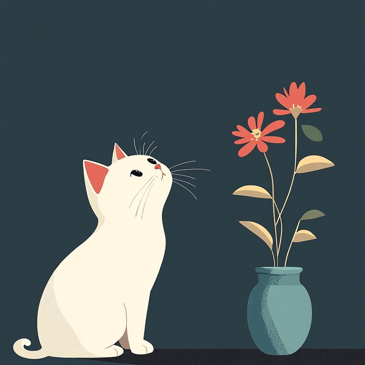 White cat in a minimalist and humorous setting