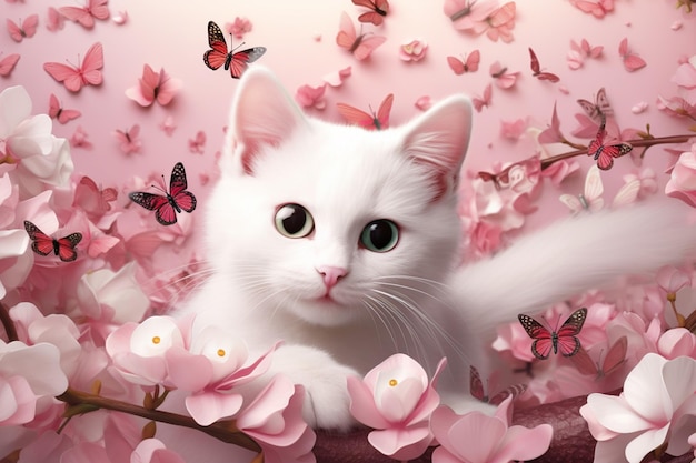 White cat in a pink flower