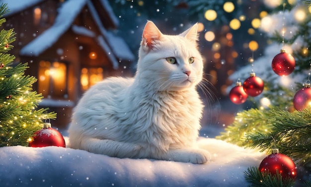 White cat in a red scarf on the background of the Christmas tree and candles ai generative