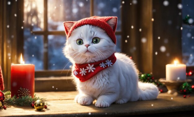 Photo white cat in a red scarf on the background of the christmas tree and candles ai generative