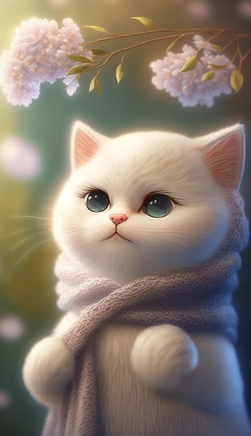 White cat in a scarf with blue eyes