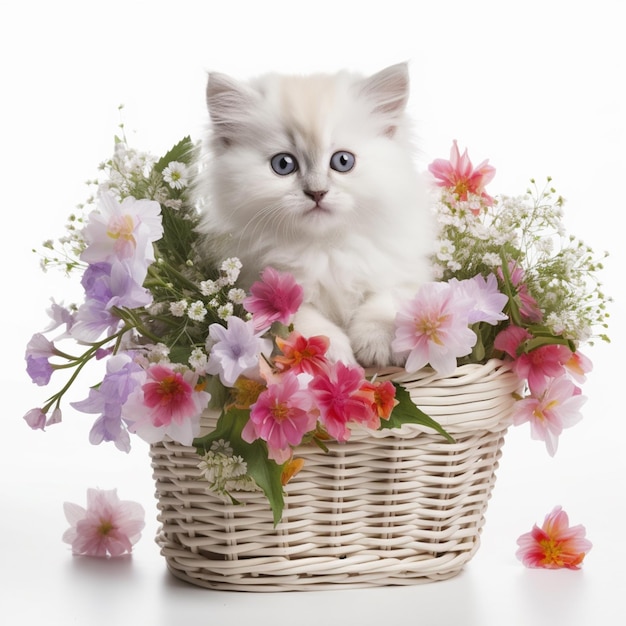 A white cat sits in a basket with flowers.