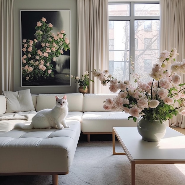 A white cat sits on a couch in a living room with a vase of flowers.