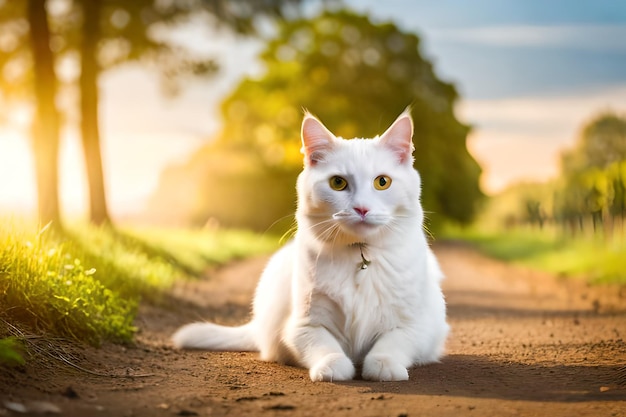 A white cat sits on a dirt road in the sun