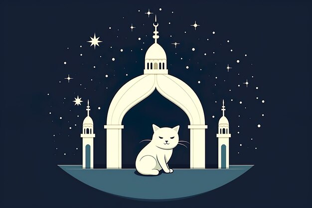 A white cat sits under a dome with stars on the background