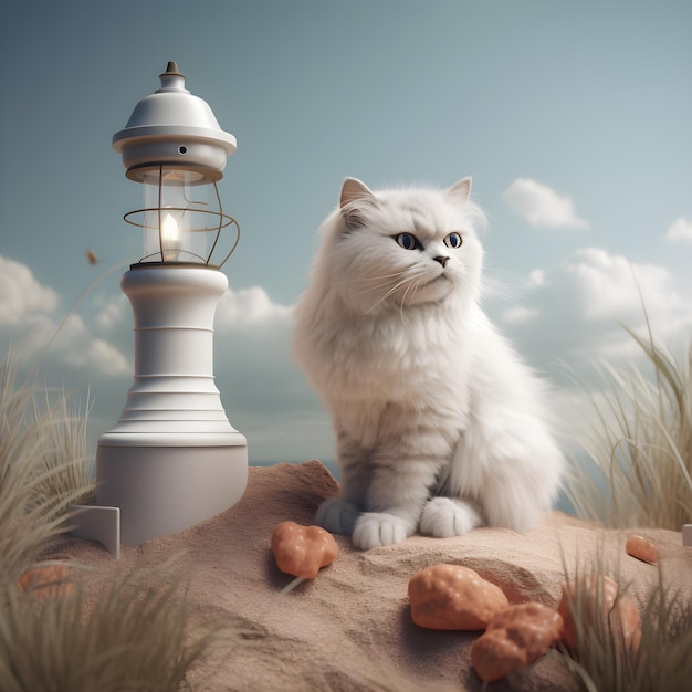 A white cat sits next to a lighthouse and a lantern.