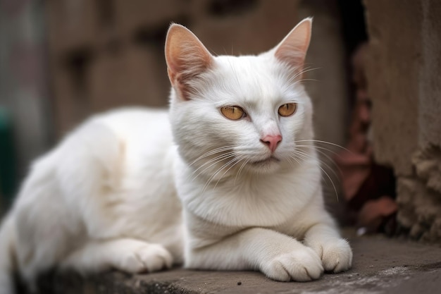 A white cat sits on a low wall