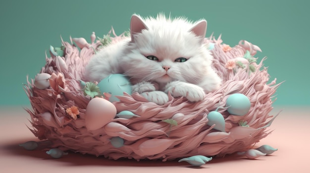 A white cat sits in a nest of eggs.